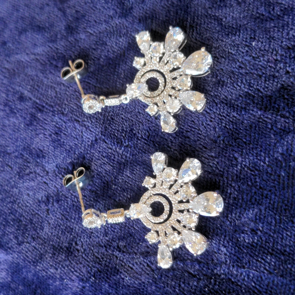 Vintage 925 sterling silver dangle earrings, CZ paved snowflakes